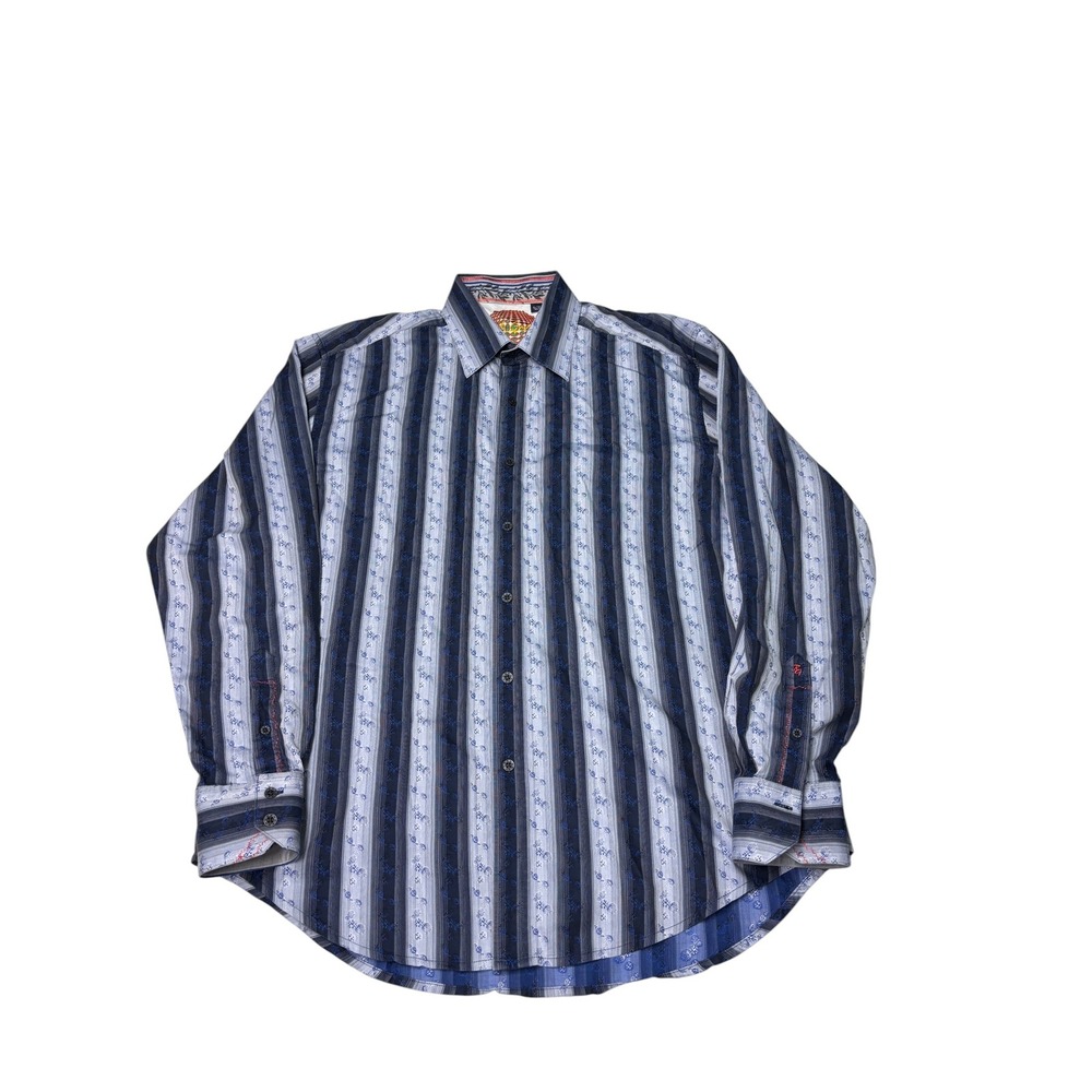 Robert Graham Mens XL‎ Blue Striped Floral Embroidered Long Sleeve Button Down